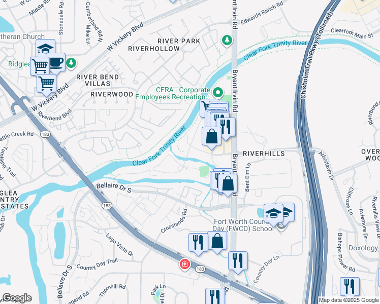 map of restaurants, bars, coffee shops, grocery stores, and more near 4021 Watercourse Drive in Fort Worth