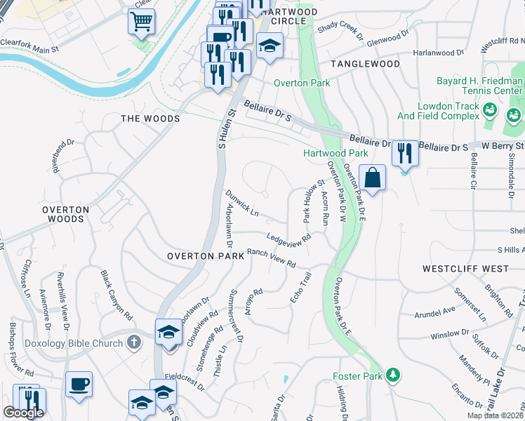 map of restaurants, bars, coffee shops, grocery stores, and more near 4412 Dunwick Lane in Fort Worth