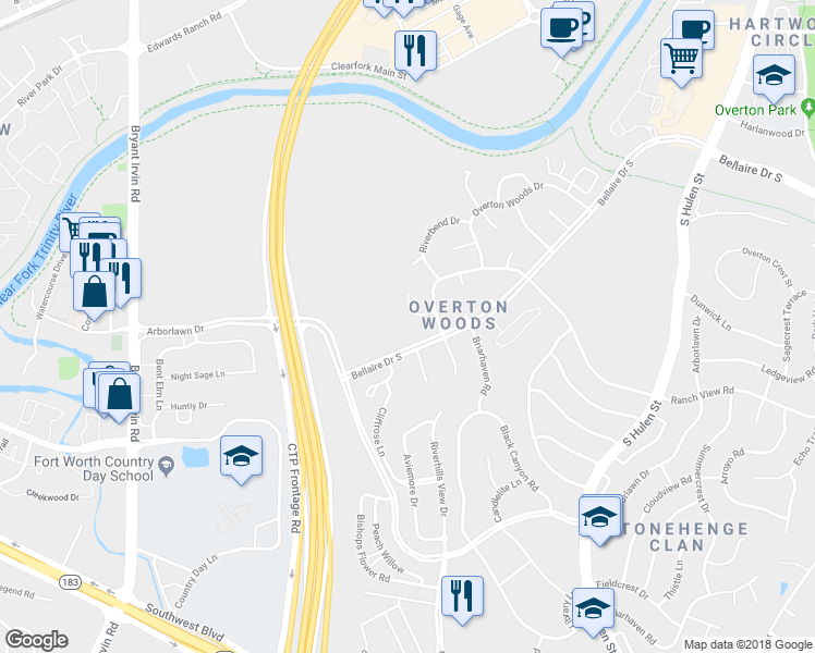 map of restaurants, bars, coffee shops, grocery stores, and more near 3516 Elm Creek Court in Fort Worth
