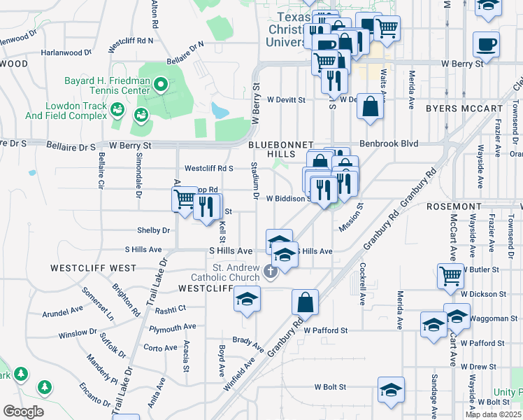 map of restaurants, bars, coffee shops, grocery stores, and more near 3509 Stadium Dr in Fort Worth