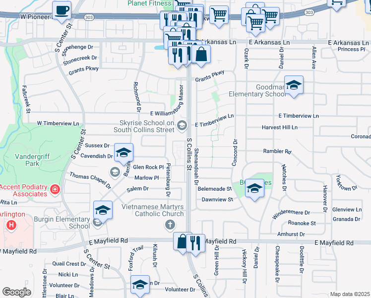 map of restaurants, bars, coffee shops, grocery stores, and more near 2718 South Collins Street in Arlington