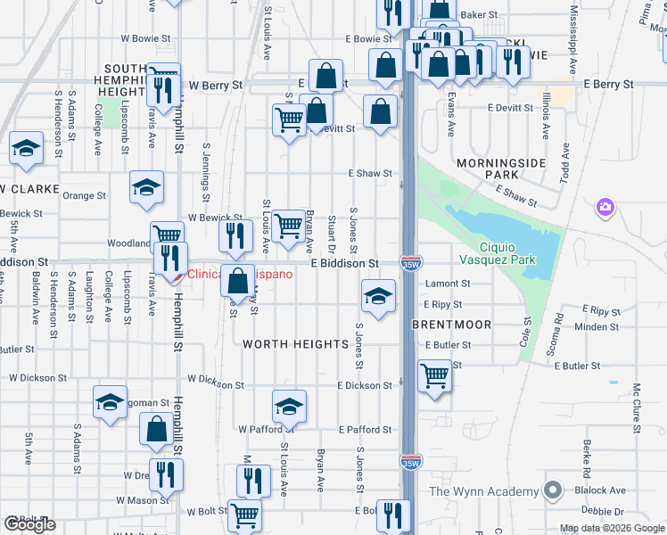 map of restaurants, bars, coffee shops, grocery stores, and more near 3500 Stuart Drive in Fort Worth