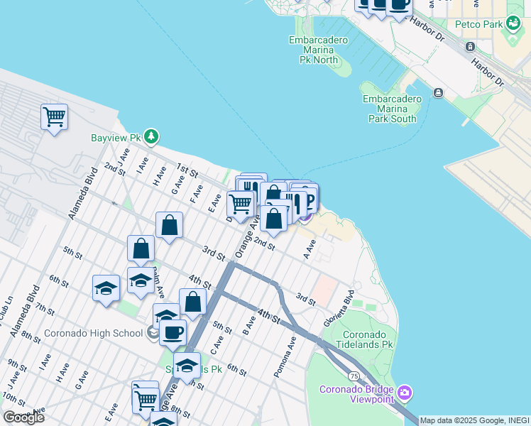map of restaurants, bars, coffee shops, grocery stores, and more near 112 State Highway 75 in Coronado