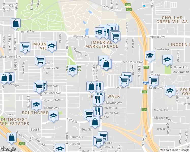 map of restaurants, bars, coffee shops, grocery stores, and more near 673 South 42nd Street in San Diego