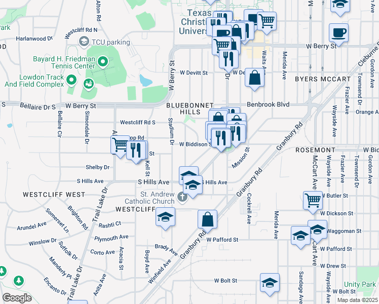 map of restaurants, bars, coffee shops, grocery stores, and more near 3509 Harwen Terrace in Fort Worth