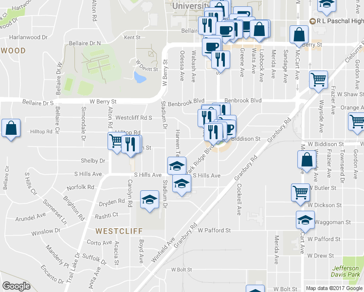 map of restaurants, bars, coffee shops, grocery stores, and more near 3509 Harwen Terrace in Fort Worth