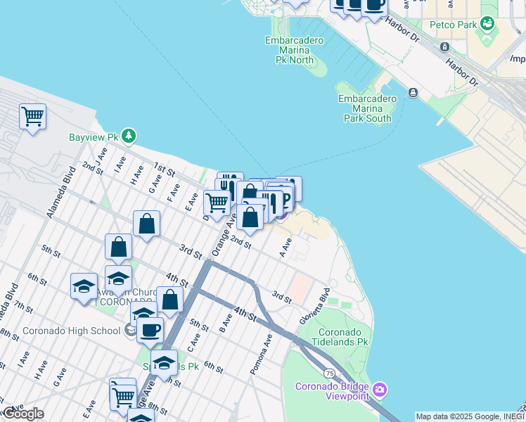 map of restaurants, bars, coffee shops, grocery stores, and more near in Coronado