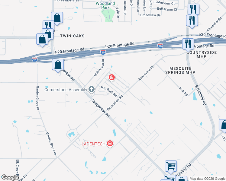 map of restaurants, bars, coffee shops, grocery stores, and more near 12243 Rim Rock Rd in Dallas