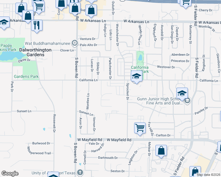 map of restaurants, bars, coffee shops, grocery stores, and more near Serenity Lane in Arlington