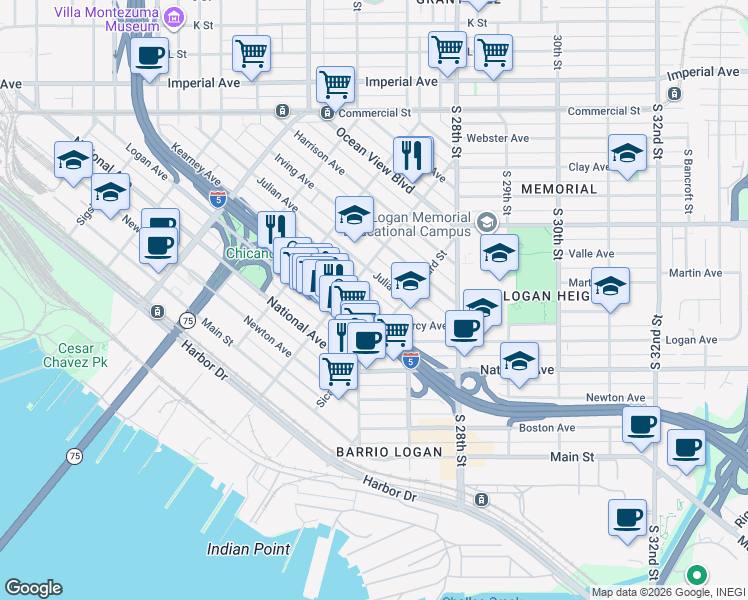 map of restaurants, bars, coffee shops, grocery stores, and more near 2252 Kearney Ave in San Diego