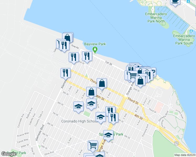map of restaurants, bars, coffee shops, grocery stores, and more near 248 G Avenue in Coronado