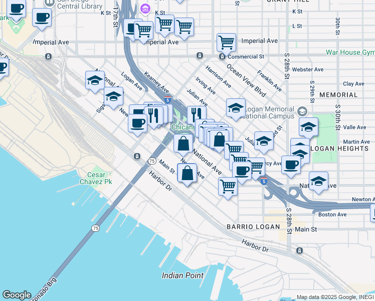 map of restaurants, bars, coffee shops, grocery stores, and more near 2075 National Avenue in San Diego