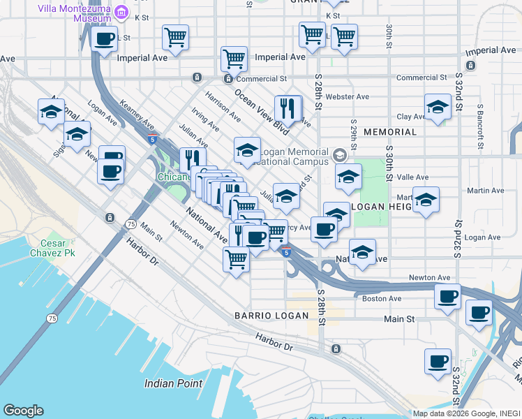 map of restaurants, bars, coffee shops, grocery stores, and more near Kearney Avenue in San Diego