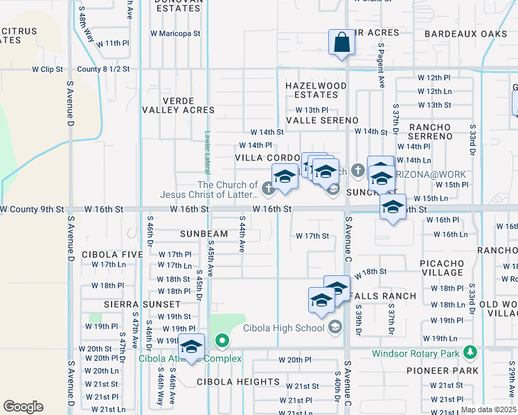 map of restaurants, bars, coffee shops, grocery stores, and more near 4250 West 16th Street in Yuma