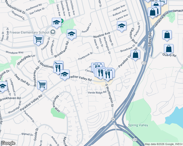 map of restaurants, bars, coffee shops, grocery stores, and more near 8329 Cacus St in Spring Valley