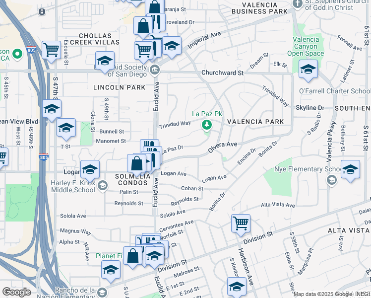 map of restaurants, bars, coffee shops, grocery stores, and more near 5175 La Paz Drive in San Diego