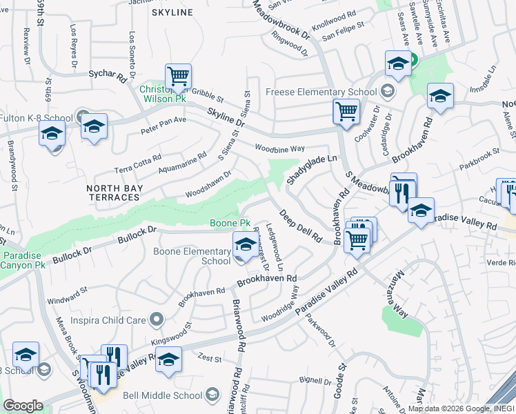 map of restaurants, bars, coffee shops, grocery stores, and more near 7449 Bullock Drive in San Diego