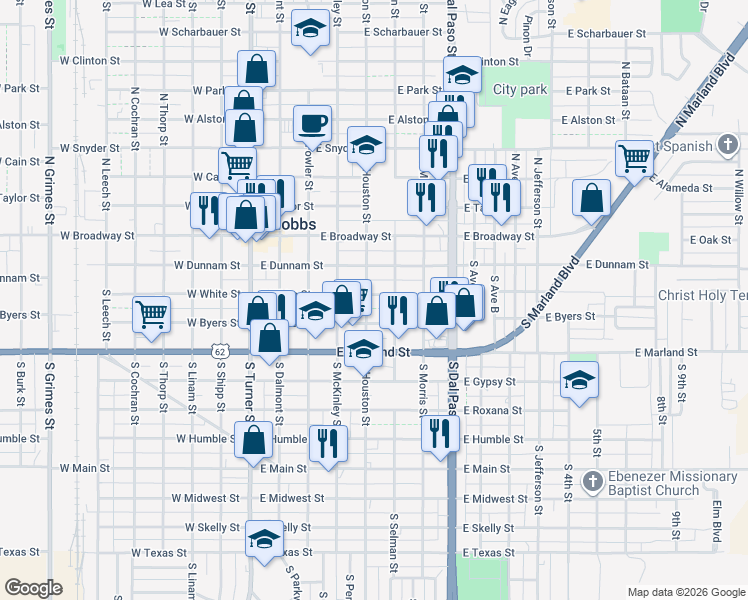 map of restaurants, bars, coffee shops, grocery stores, and more near 503 East White Street in Hobbs