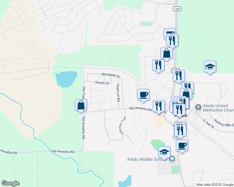 map of restaurants, bars, coffee shops, grocery stores, and more near 201 Westgate Drive in Aledo