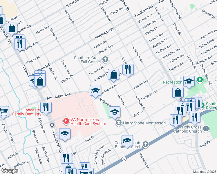 map of restaurants, bars, coffee shops, grocery stores, and more near 2251 Ann Arbor Avenue in Dallas