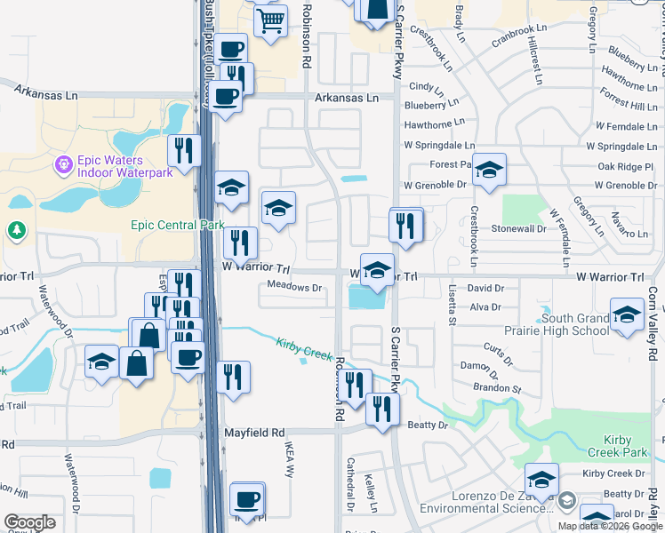 map of restaurants, bars, coffee shops, grocery stores, and more near 1003 Cedarbrook Dr in Grand Prairie
