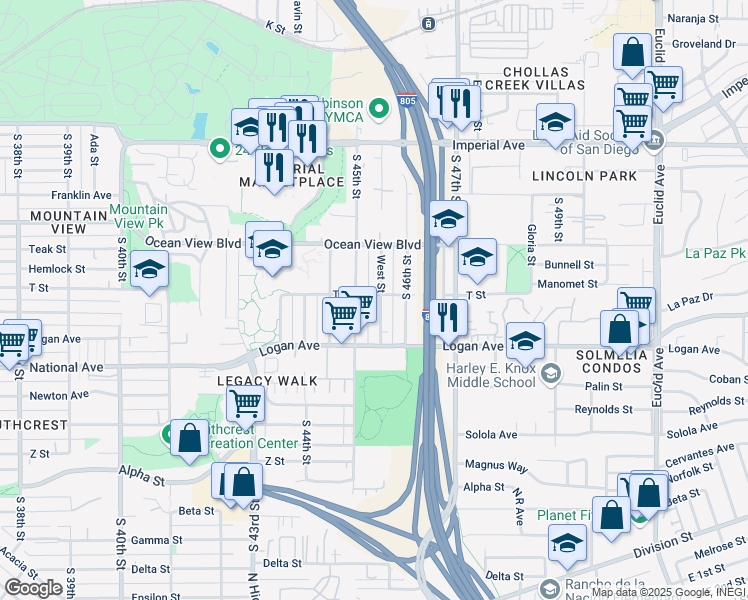 map of restaurants, bars, coffee shops, grocery stores, and more near 4531 T Street in San Diego