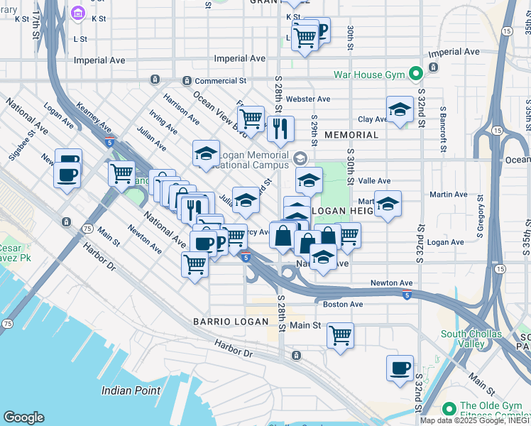 map of restaurants, bars, coffee shops, grocery stores, and more near 2342 Julian Avenue in San Diego