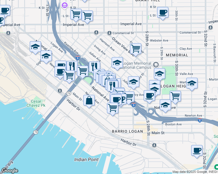 map of restaurants, bars, coffee shops, grocery stores, and more near 2172 Logan Avenue in San Diego