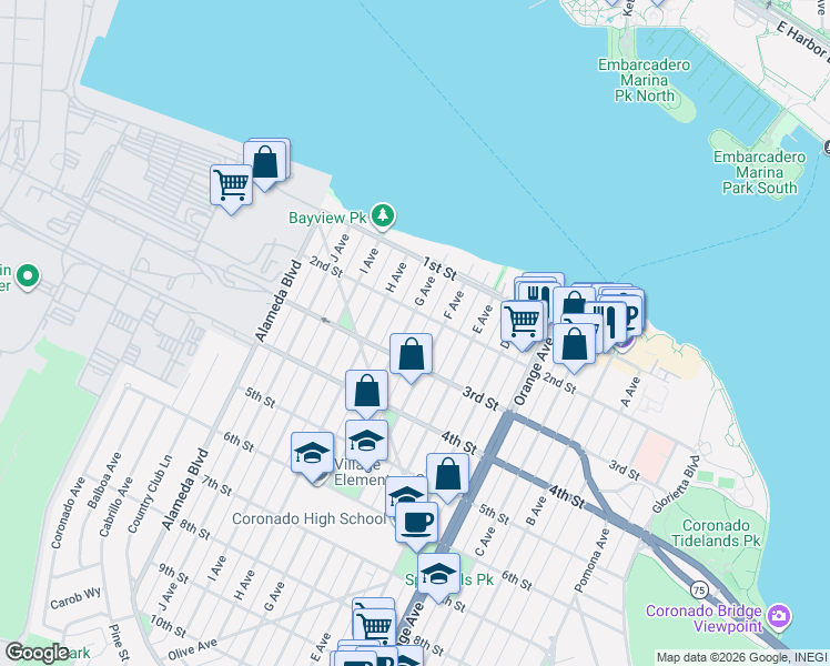 map of restaurants, bars, coffee shops, grocery stores, and more near 220 F Avenue in Coronado