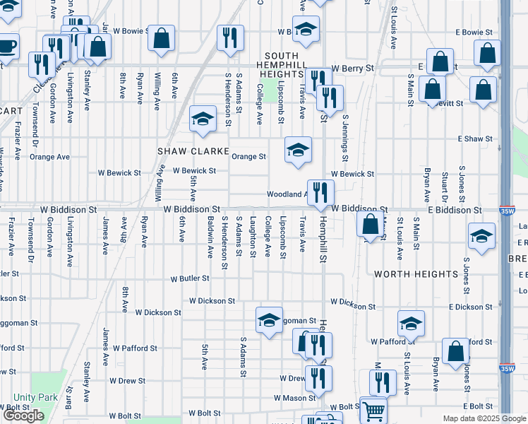 map of restaurants, bars, coffee shops, grocery stores, and more near 3505 College Avenue in Fort Worth