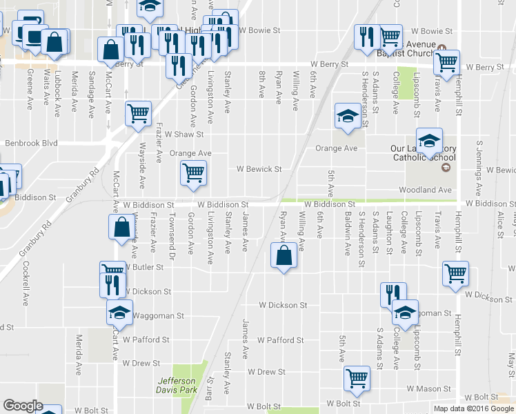 map of restaurants, bars, coffee shops, grocery stores, and more near 3500 8th Avenue in Fort Worth