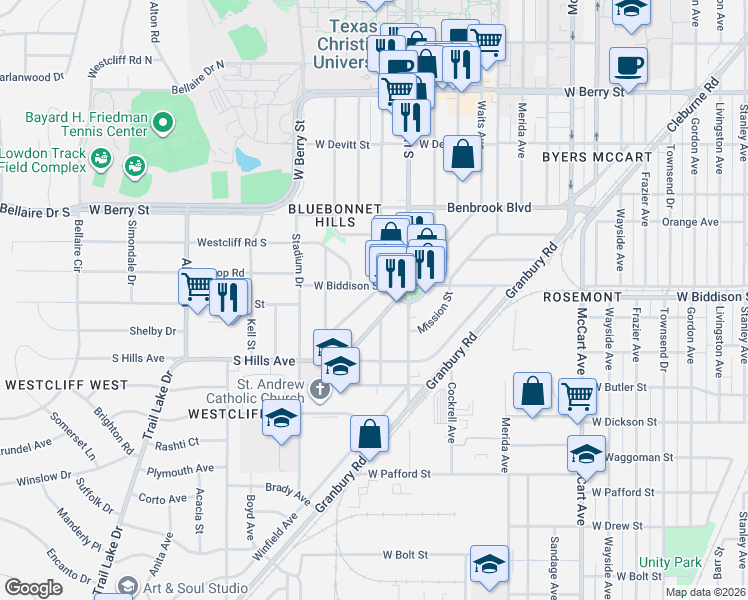 map of restaurants, bars, coffee shops, grocery stores, and more near 3513 Rogers Avenue in Fort Worth