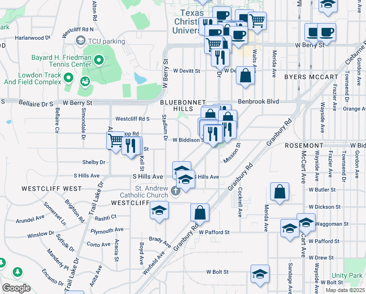 map of restaurants, bars, coffee shops, grocery stores, and more near 3509 Harwen Terrace in Fort Worth