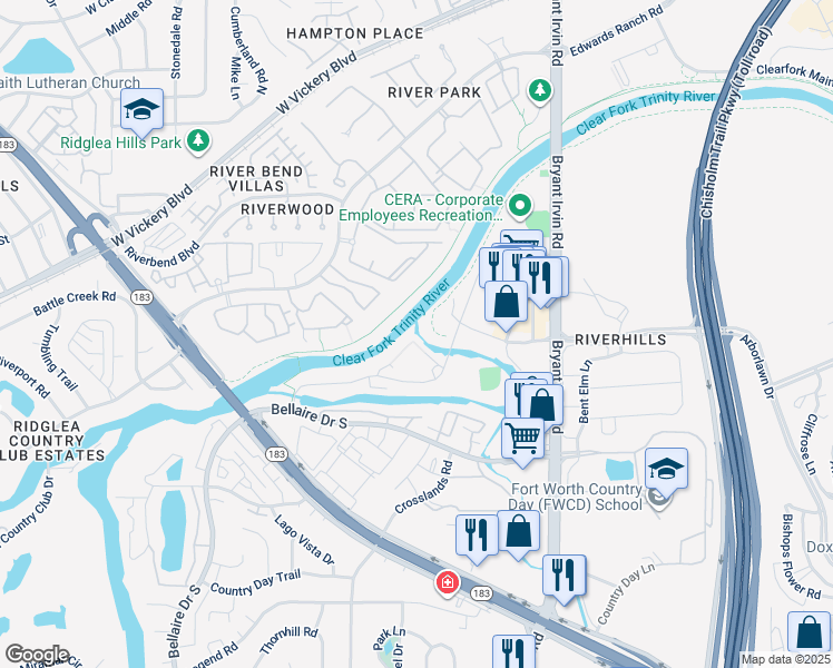 map of restaurants, bars, coffee shops, grocery stores, and more near Fort Worth Branch (Trinity Trails System) in Fort Worth