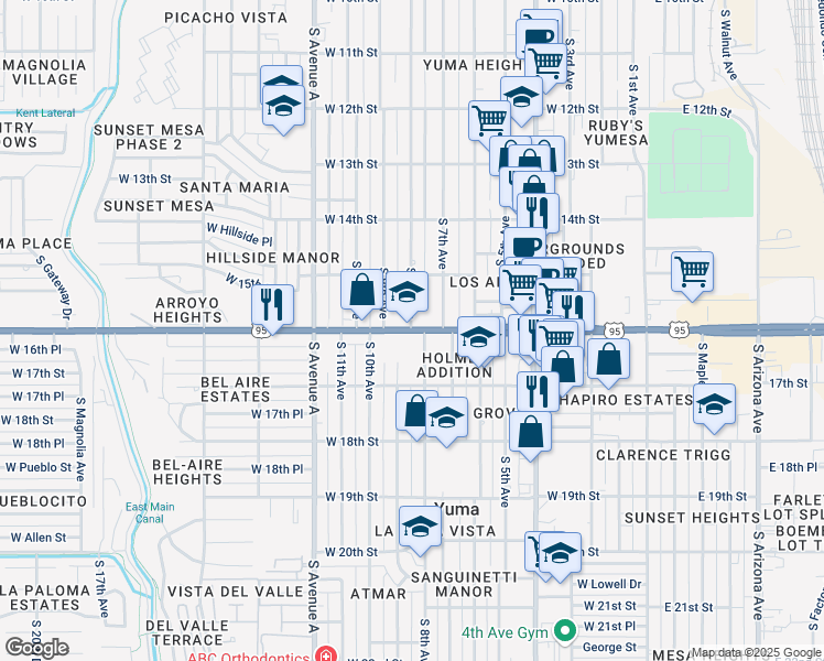 map of restaurants, bars, coffee shops, grocery stores, and more near 811 West 16th Street in Yuma