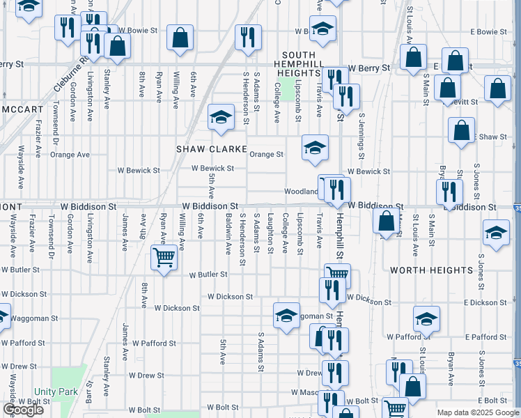 map of restaurants, bars, coffee shops, grocery stores, and more near 3501 South Adams Street in Fort Worth