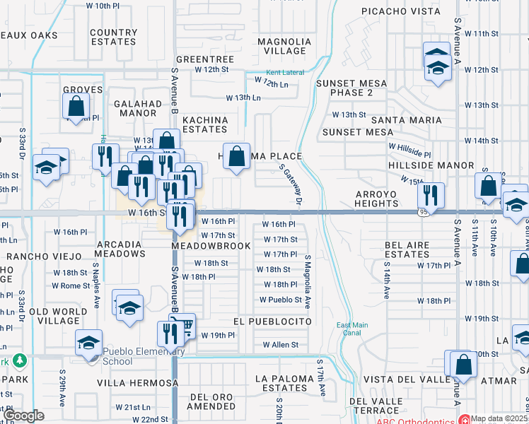 map of restaurants, bars, coffee shops, grocery stores, and more near 2117 W 16th St in Yuma