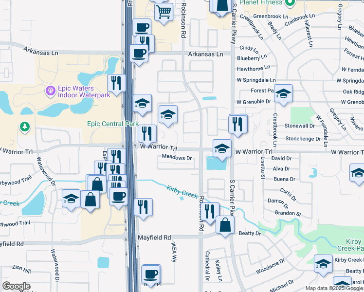 map of restaurants, bars, coffee shops, grocery stores, and more near 1031 Cedarbrook Drive in Grand Prairie