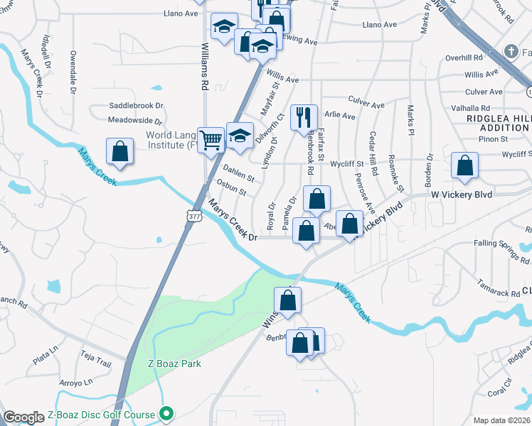 map of restaurants, bars, coffee shops, grocery stores, and more near 5076 Royal Drive in Fort Worth