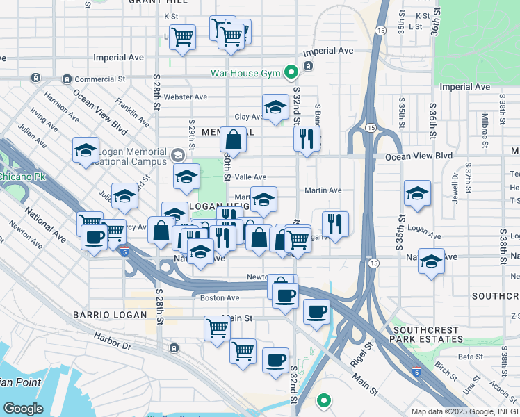 map of restaurants, bars, coffee shops, grocery stores, and more near 730 South 31st Street in San Diego