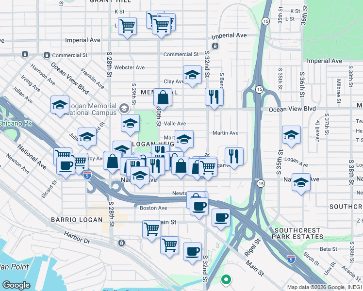 map of restaurants, bars, coffee shops, grocery stores, and more near 730 South 31st Street in San Diego