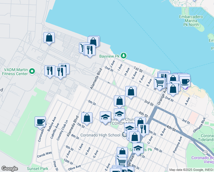 map of restaurants, bars, coffee shops, grocery stores, and more near 316 I Avenue in Coronado
