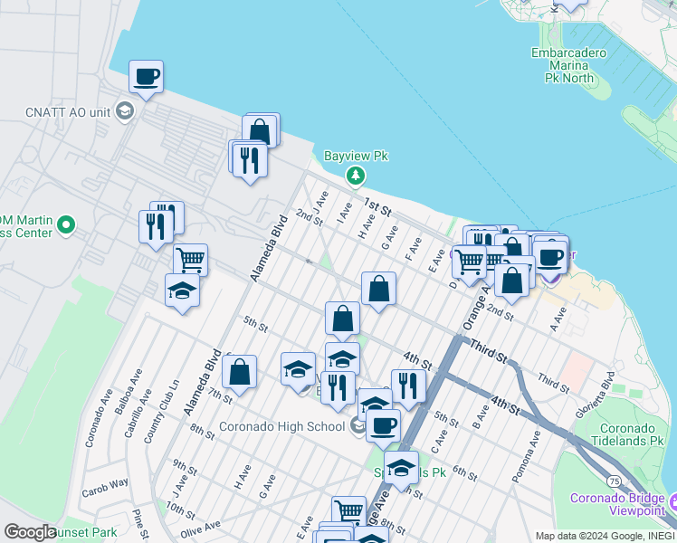 map of restaurants, bars, coffee shops, grocery stores, and more near 269 Palm Avenue in Coronado