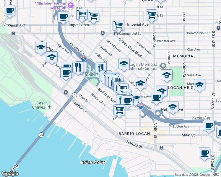 map of restaurants, bars, coffee shops, grocery stores, and more near 2174 Logan Avenue in San Diego