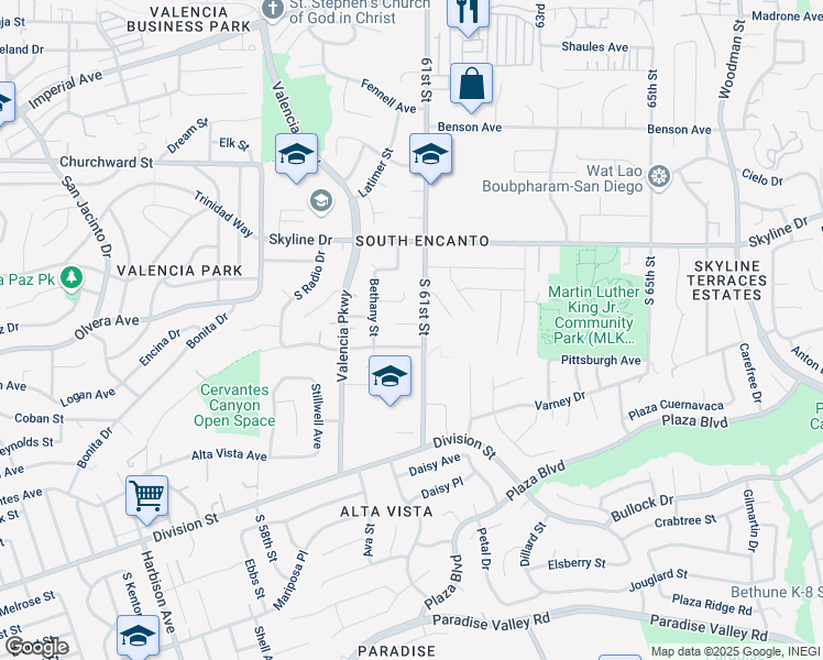 map of restaurants, bars, coffee shops, grocery stores, and more near 6075 Newcastle Court in San Diego