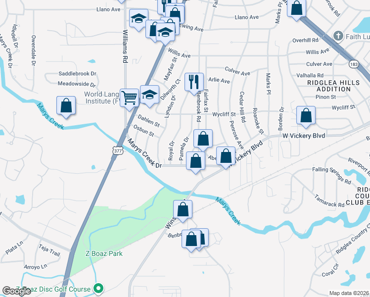 map of restaurants, bars, coffee shops, grocery stores, and more near 5073 Pamela Dr in Fort Worth