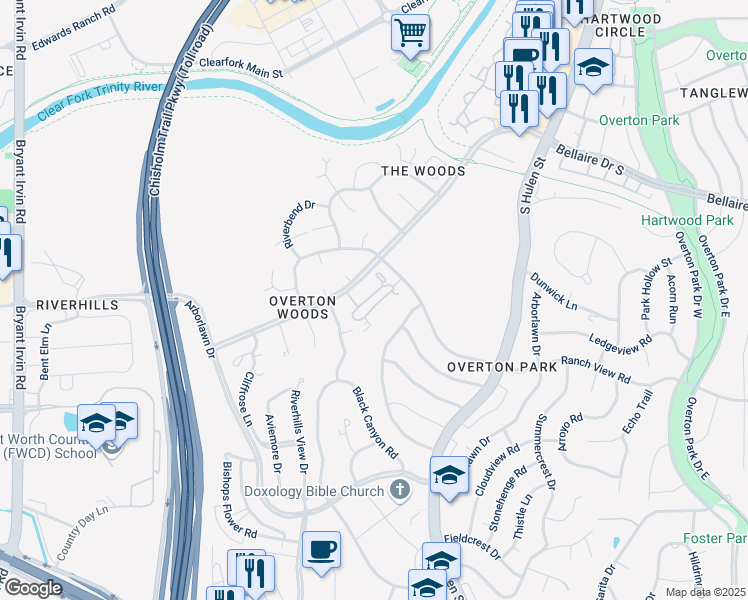 map of restaurants, bars, coffee shops, grocery stores, and more near 4911 Westbriar Drive in Fort Worth