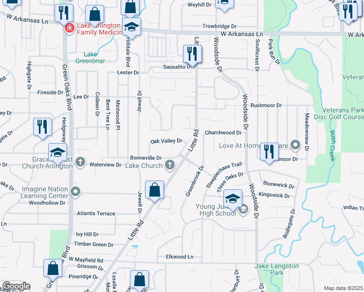 map of restaurants, bars, coffee shops, grocery stores, and more near 2810 Bonneville Drive in Arlington