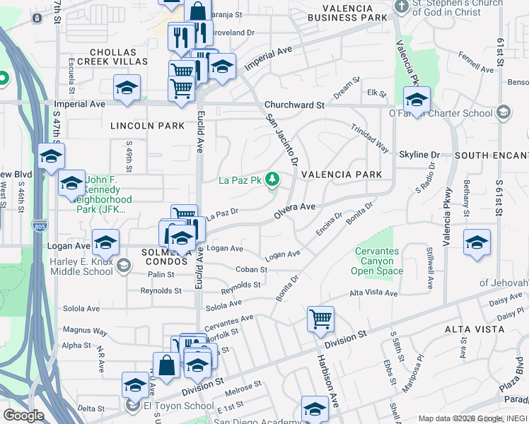map of restaurants, bars, coffee shops, grocery stores, and more near 5233 La Paz Dr in San Diego