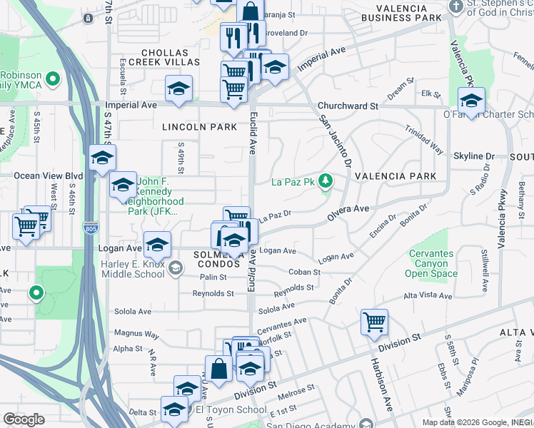 map of restaurants, bars, coffee shops, grocery stores, and more near 5128 La Paz Drive in San Diego